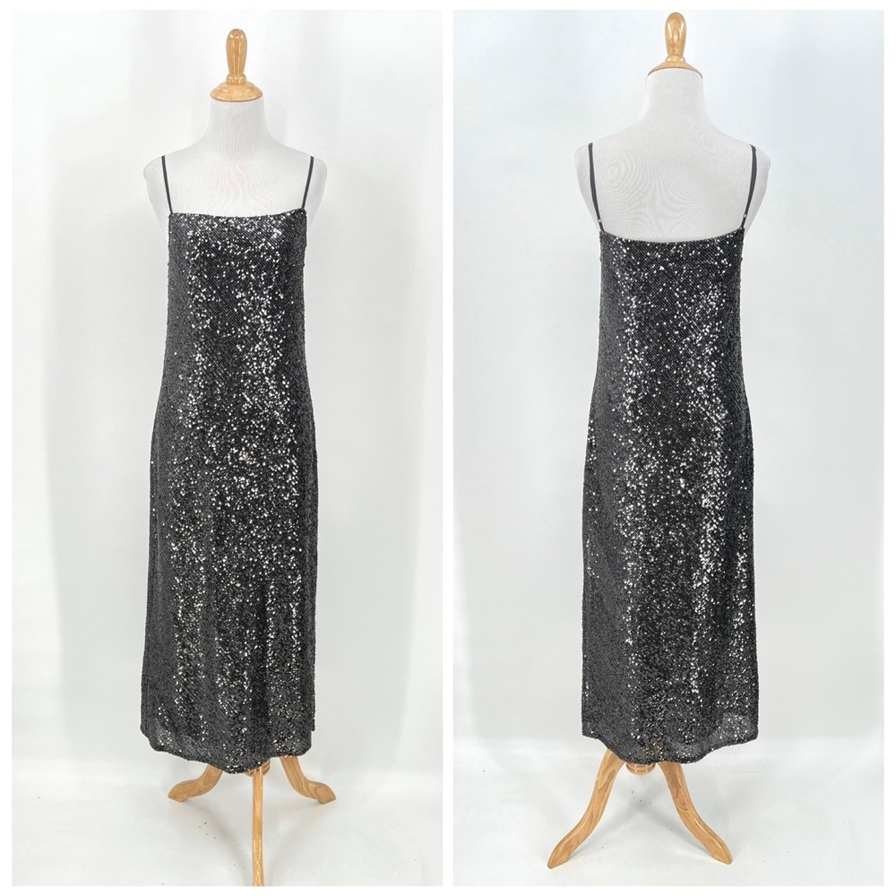 ENZA COSTA Sequin Bias Dress Womens Medium Charcoal Gray Party Cocktail Midi NEW